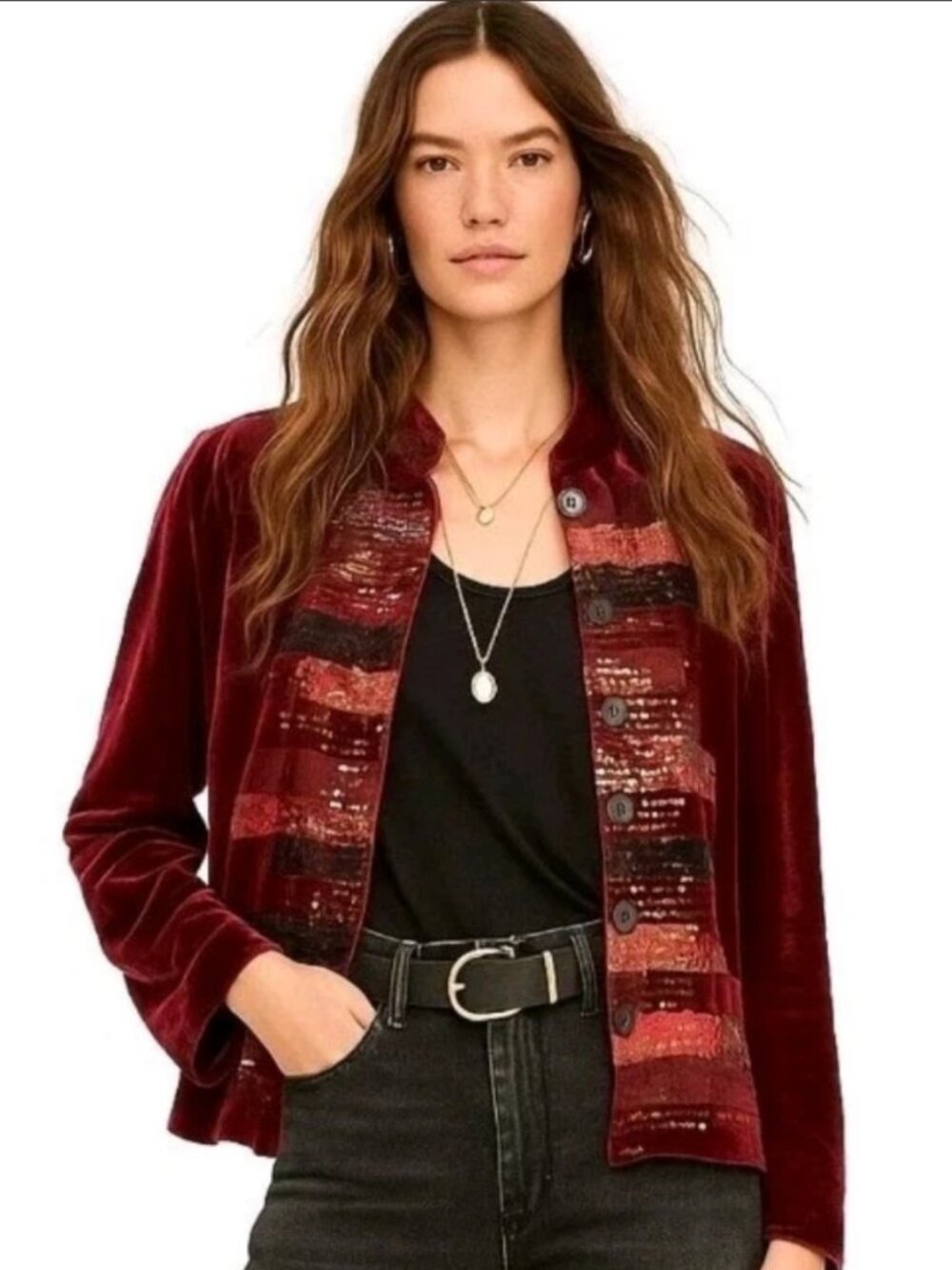Chico's Burgundy Silk Velvet Embellished Jacket Chic Party Whimsigoth Boho Retro